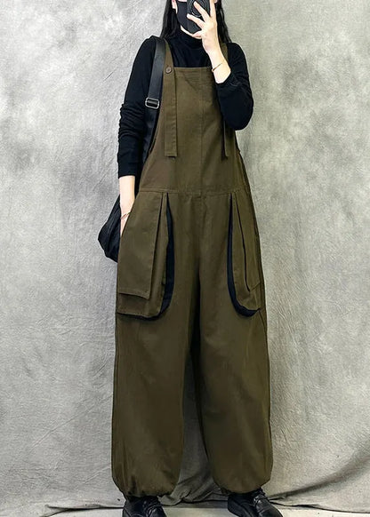 Leisure Khaki Pockets Patchwork Shoulder Straps Pants for Spring
