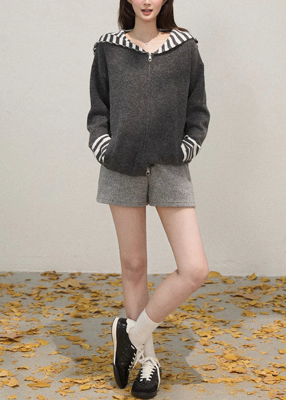 French Grey Zip Up Patchwork Shawl Knit Coats Winter