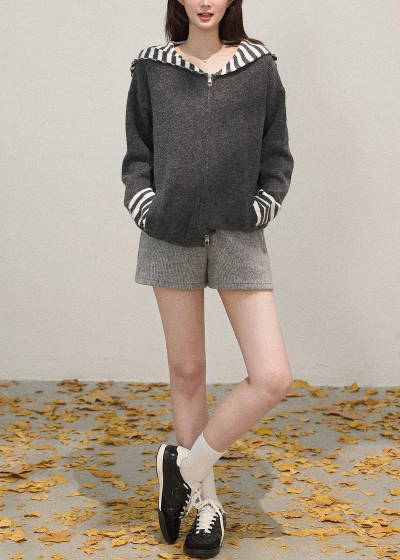 French Grey Zip Up Patchwork Shawl Knit Coats Winter