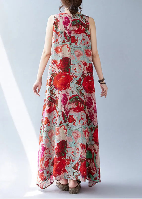 Red Oversized Print Cotton Holiday Dress Sleeveless