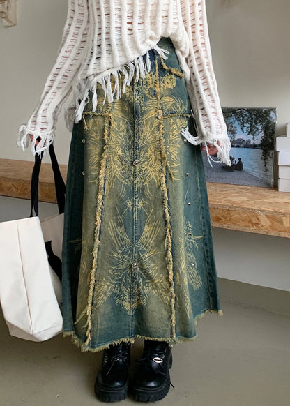 Modern Blue Print Pockets Denim a Line Skirts Fall