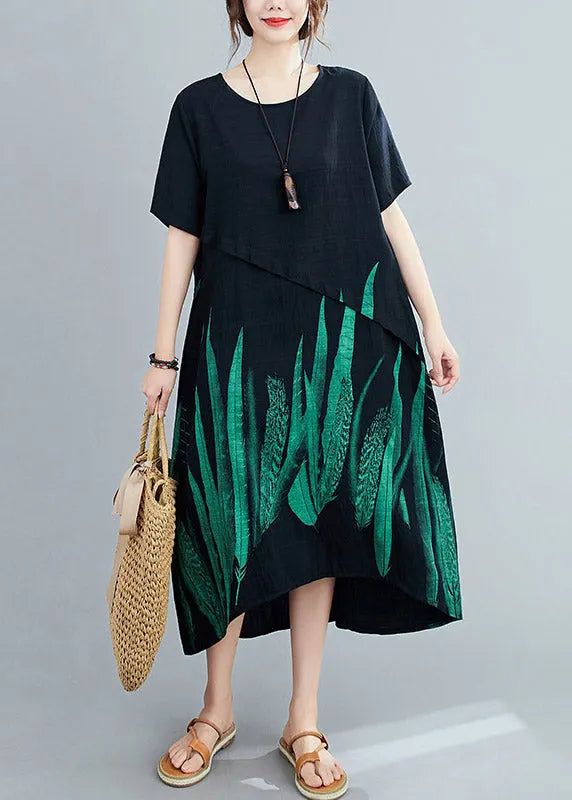 Loose Black O-neck Print Linen Maxi Dress Short Sleeve