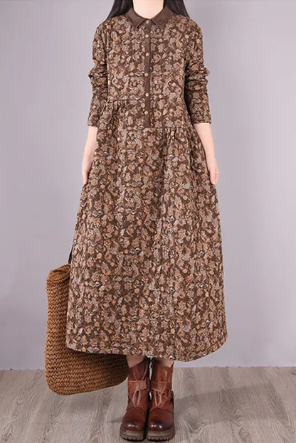 Winter Quilted Print Dress Cotton Linen Dress
