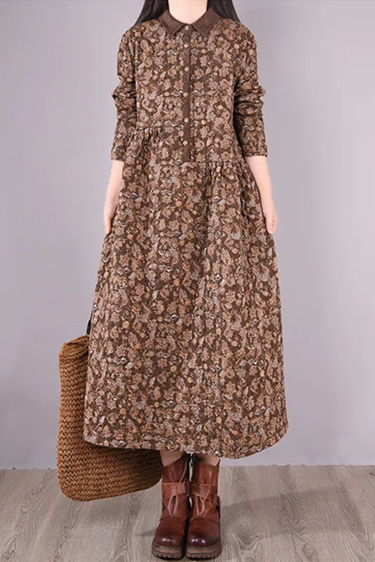 Winter Quilted Print Dress Cotton Linen Dress