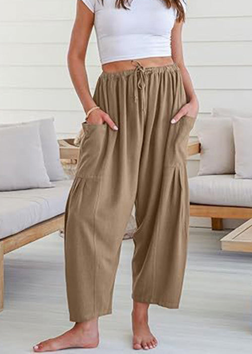 White Pockets Elastic Waist Cotton Pants Summer