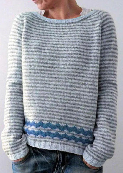 Grey Striped O Neck Cozy Knit Sweaters Fall