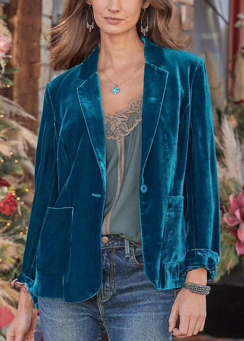 Stylish Blackish Green Notched Pockets Velvet Suit Coat Fall