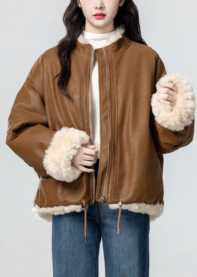 Loose Caramel Zip Up Pockets Wear on Both Sides Teddy Faux Fur Coats Winter
