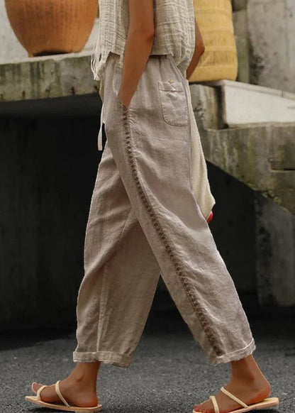 White Pockets Elastic Waist Cotton Crop Pants Summer