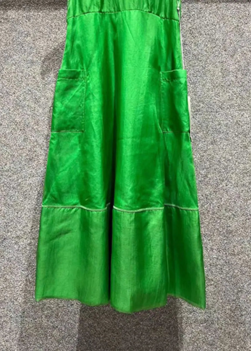 Art Green O Neck Pockets Patchwork Silk Dresses Sleeveless
