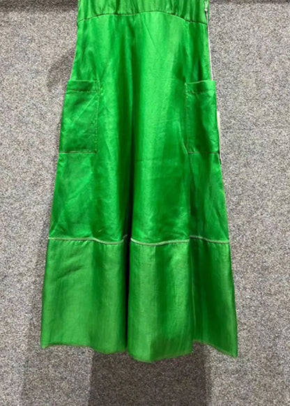 Art Green O Neck Pockets Patchwork Silk Dresses Sleeveless