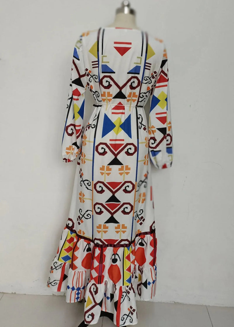 New White V Neck Print Lace Up Cotton Dresses Long Sleeve