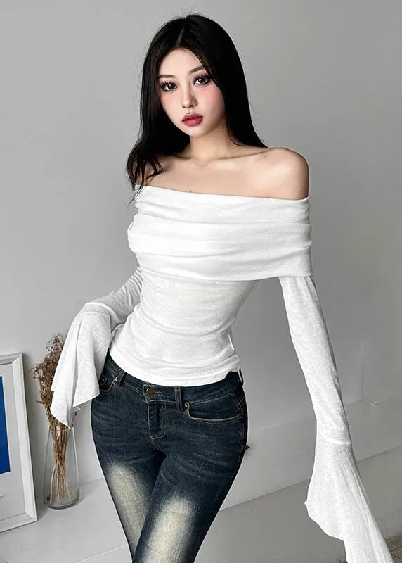 Slim Fit Black Slash Neck Tulle Tops Long Sleeve