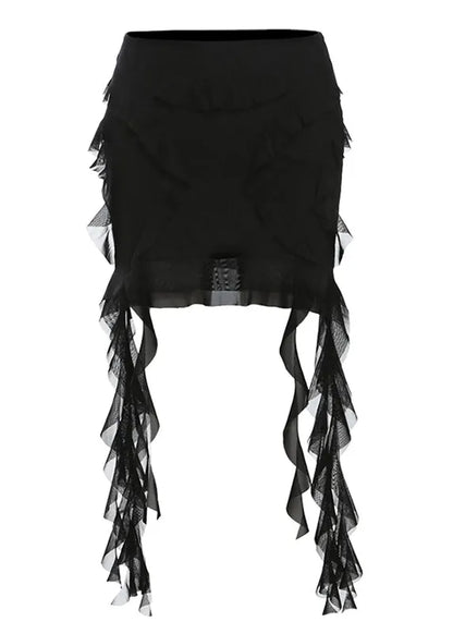 Slim Fit Black Ruffled Patchwork Tulle Short Skirts Summer