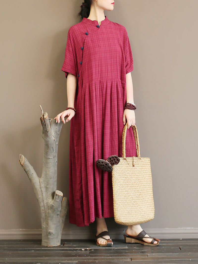 Pleated Plaid Chinese Style Dress
