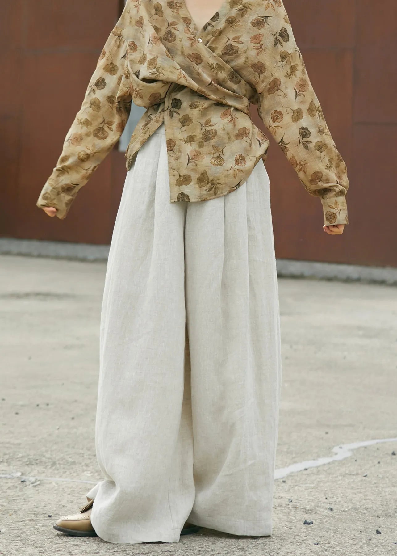 Simple Style High Waist Linen Wide Leg Pants Fall
