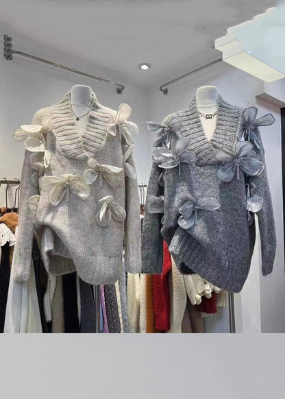 New Apricot V Neck Patchwork Knit Sweaters Winter