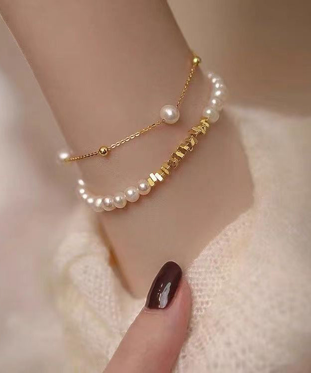 Stylish Gold Copper Overgild Pearl Crushed and Silver Tassel Two Piece Set Charm Bracelet