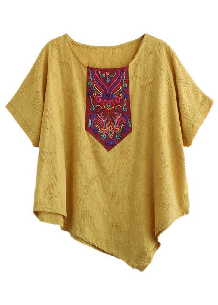 Italian Yellow Retro Embroidered Summer Shirt Short Sleeve