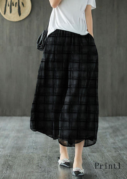 Handmade Black-print3 Elastic Waist Retro Wide Leg Crop Pants