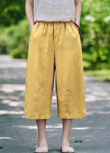 Linen Pockets Elastic Waist Linen Crop Pants Summer