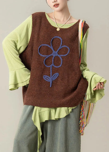 Art Green Asymmetrical T Shirts and Coffee Knit Vest Two Piece Set Flare Sleeve