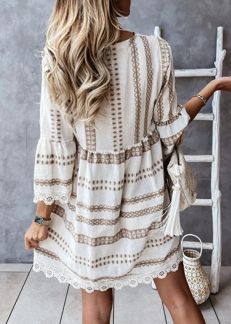 Handmade Apricot V Neck Lace Patchwork Cotton Mid Dress Bracelet Sleeve
