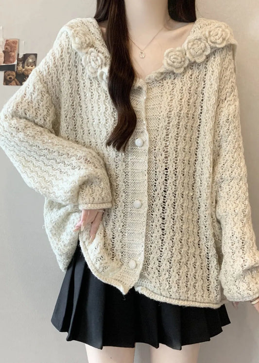 White Three-dimensional Knit Cardigan Oversized Fall