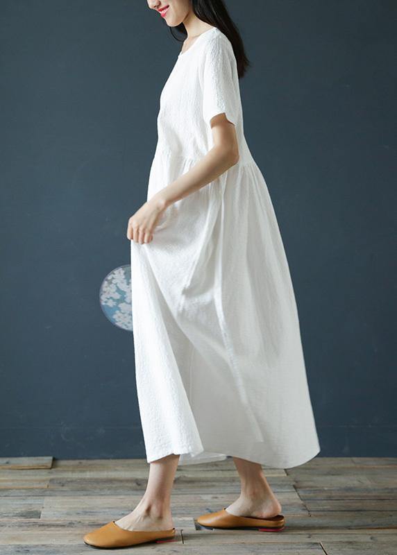 Style White Linen Cotton Dresses O Neck Jacquard Dresses Dresses