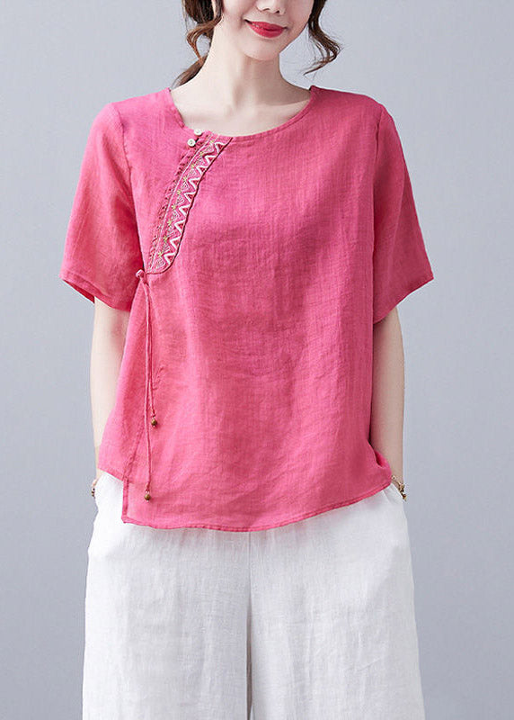 French Rose O-neck Embroidered Linen T Shirt Short Sleeve