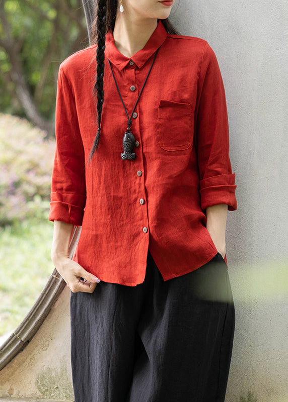 Red Peter Pan Collar Pockets Shirts Spring