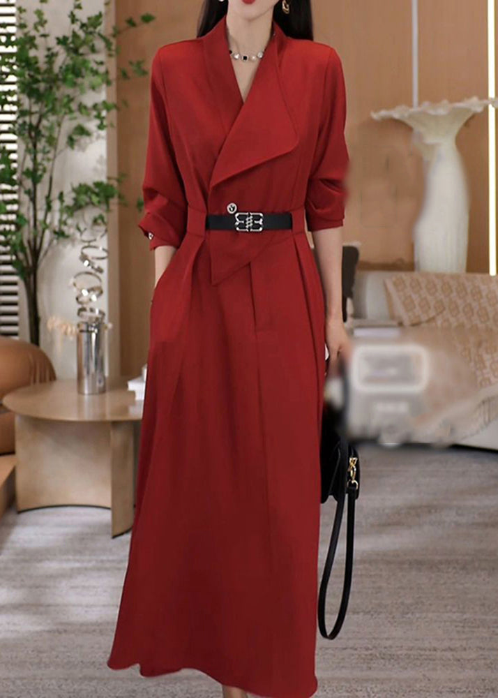 Green V Neck Waist Sashes Cotton Long Dresses Fall