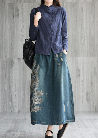 Unique Navy Patchwork Embroidered Denim Skirt Spring