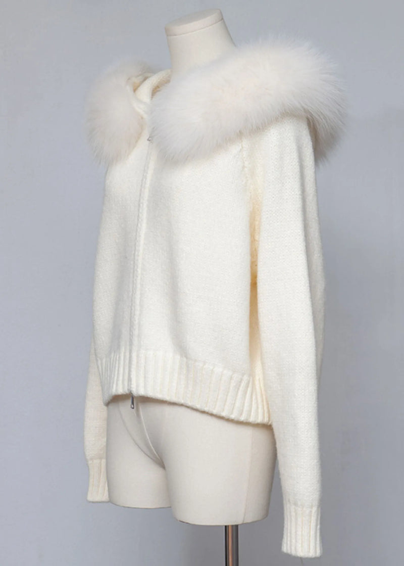 White Hooded Zippered Cozy Patchwork Knit Coat