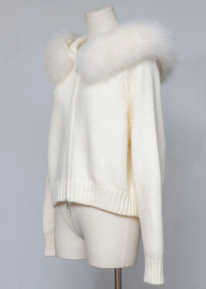 White Hooded Zippered Cozy Patchwork Knit Coat