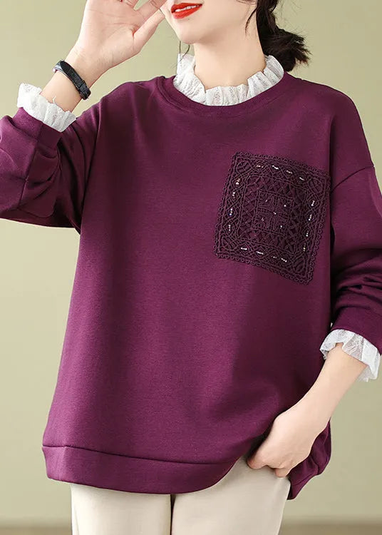 Purple Lace Patchwork Warm Fleece Sweatshirts Spring