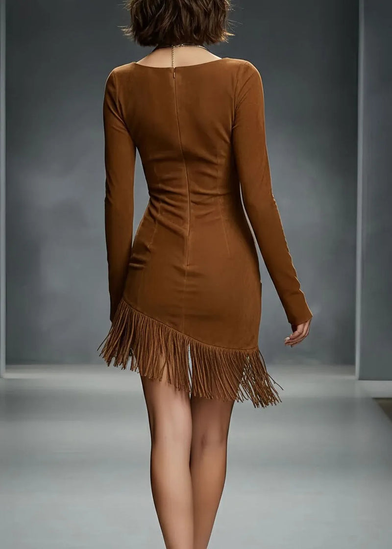 Style Brown O-neck Tassel Faux Suede Mid Dresses Spring