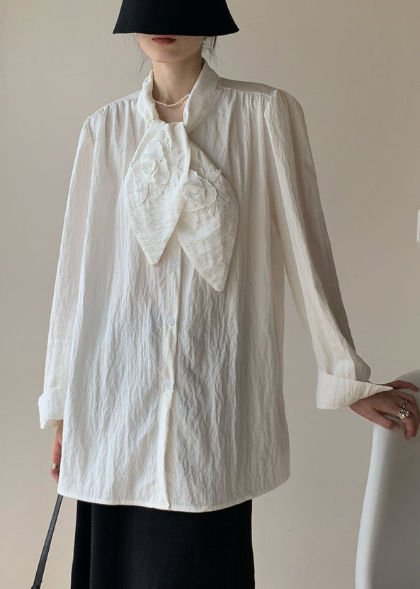 White Bow Button Cotton Blouse Fall