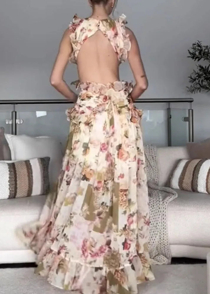 Print Ruffled Patchwork Chiffon Long Dresses Summer