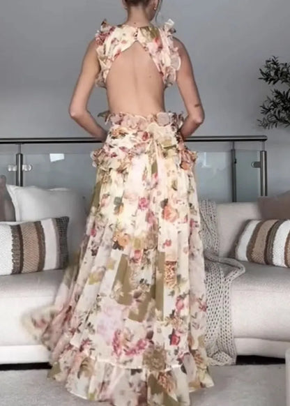 Print Ruffled Patchwork Chiffon Long Dresses Summer