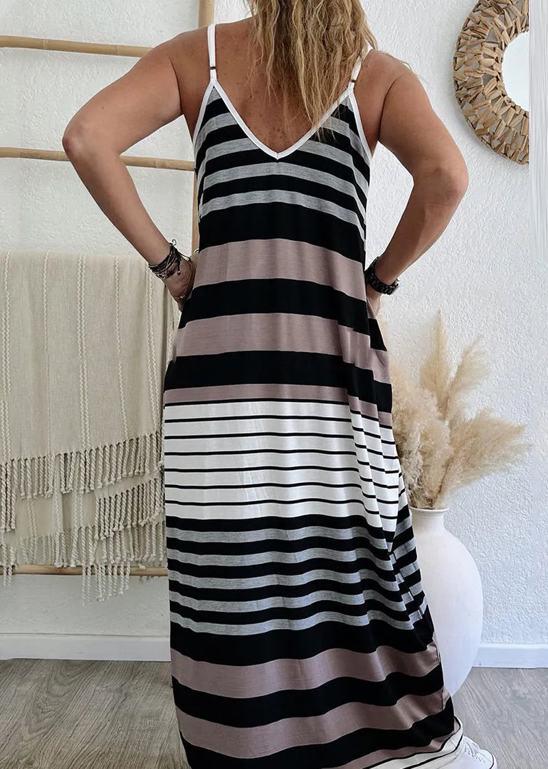 V Neck Striped Pockets Maxi Spaghetti Strap Dress Summer