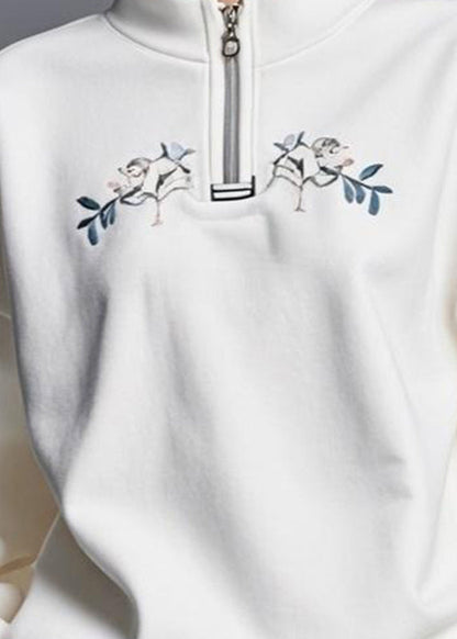 Diy White Stand Collar Zippered Patchwork Fall Sweatshirts Top
