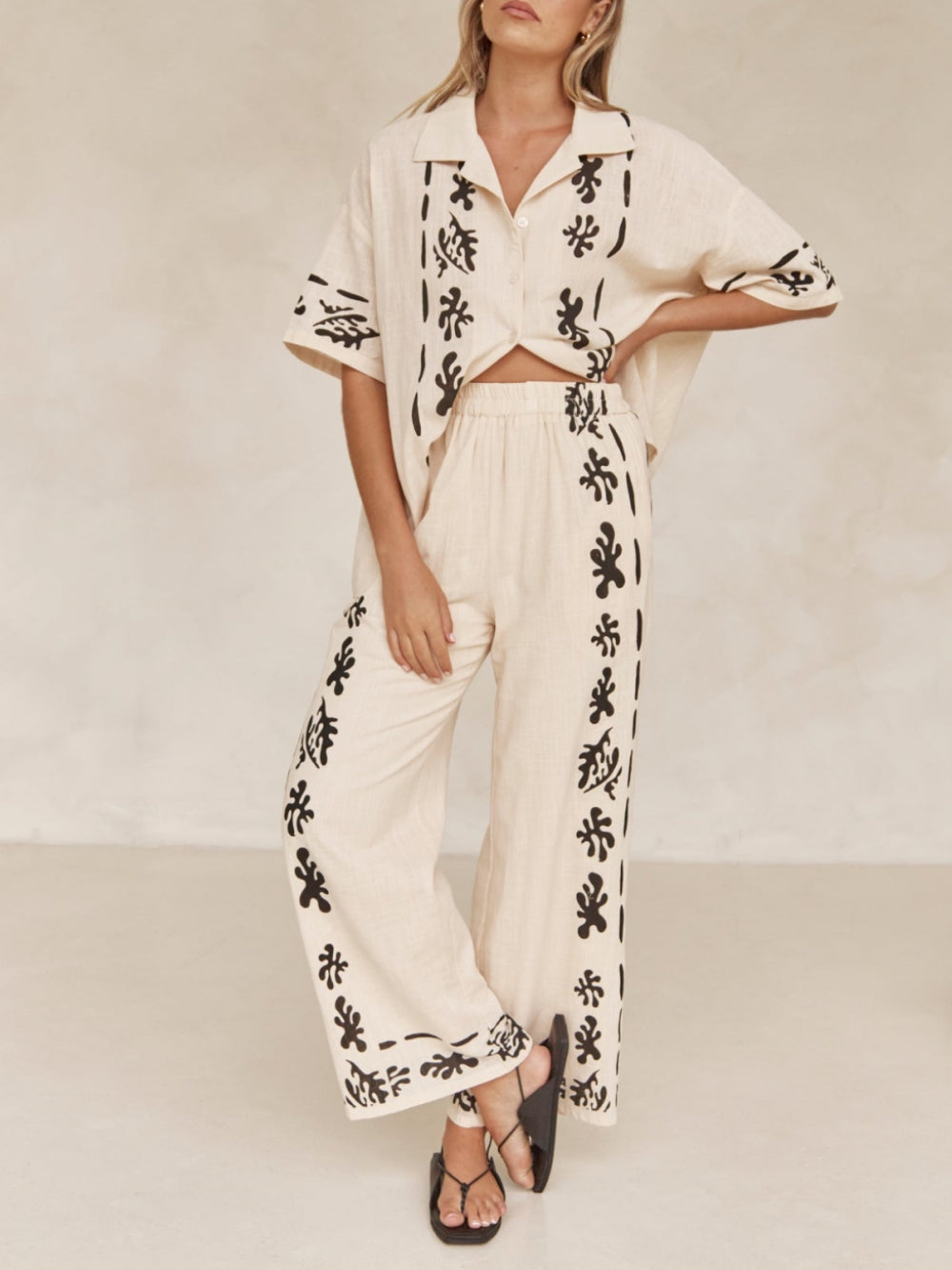 Wide Leg Black Printed Cream Pants