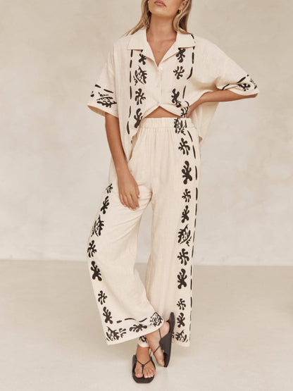 Wide Leg Black Printed Cream Pants