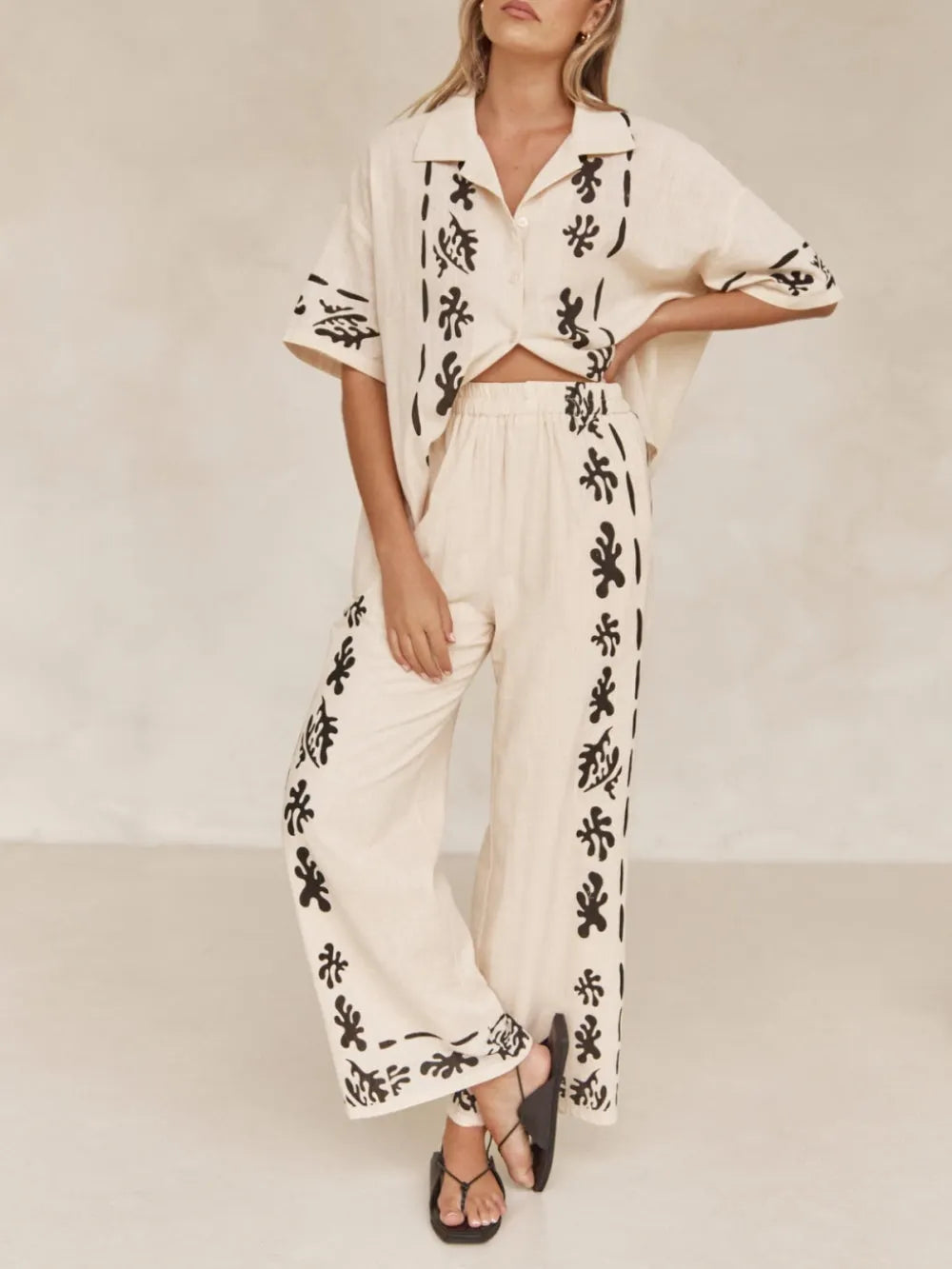 Wide Leg Black Printed Cream Pants