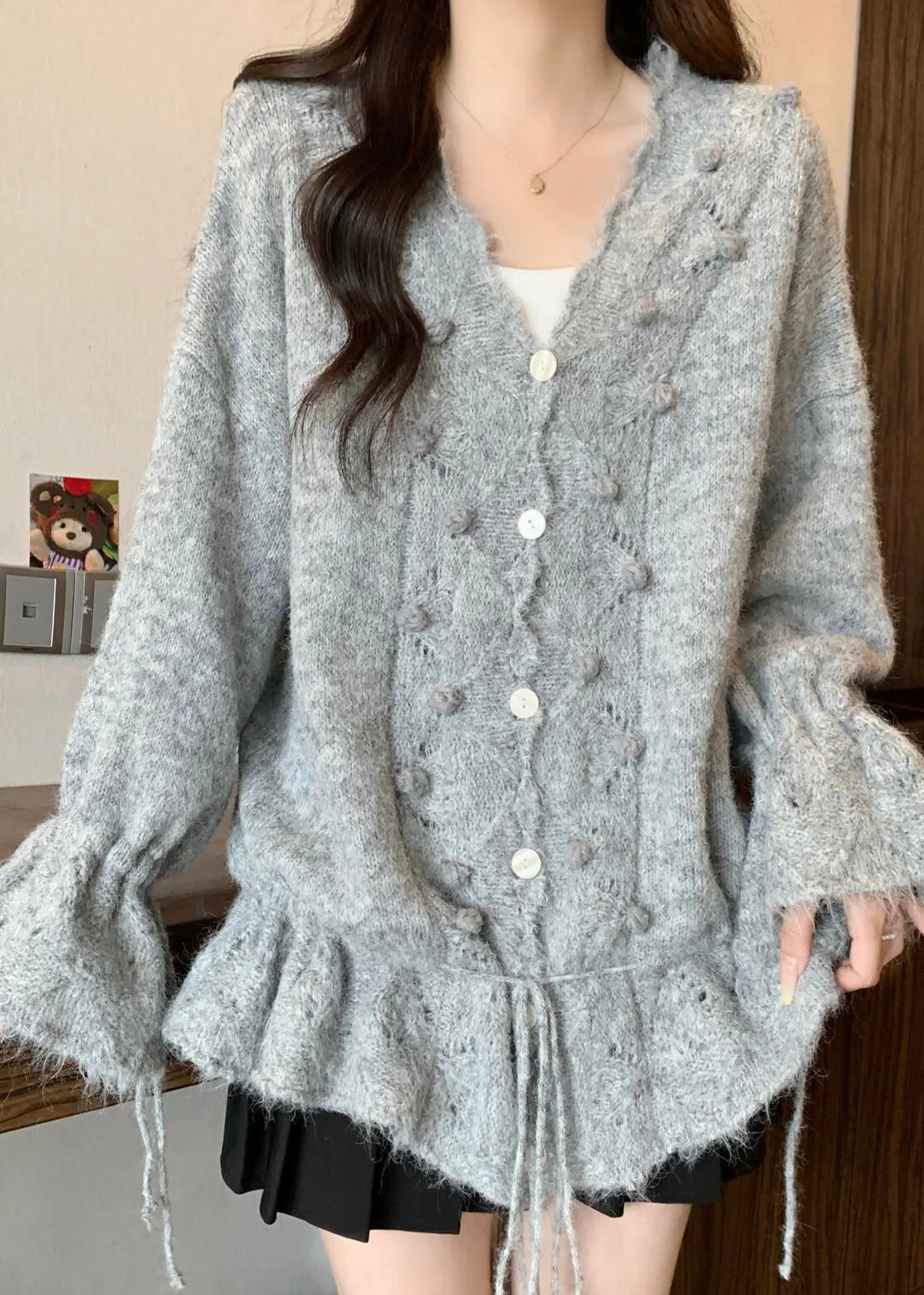 Grey Oversized Fuzzy Ball Decorated Knit Cardigans Fall