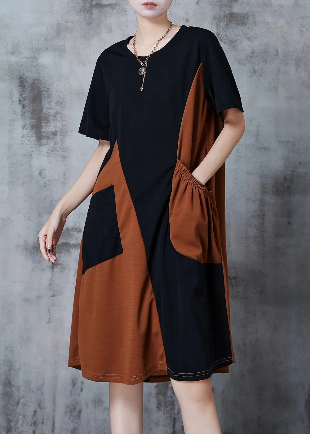 Black Asymmetrical Patchwork Pocket Cotton Dresses Summer