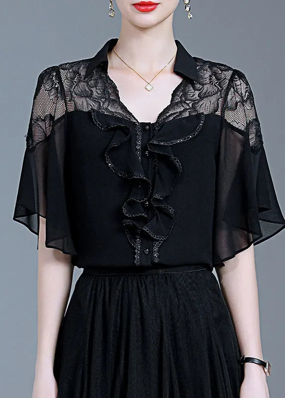 Black Ruffled Lace Patchwork Chiffon Shirt Summer