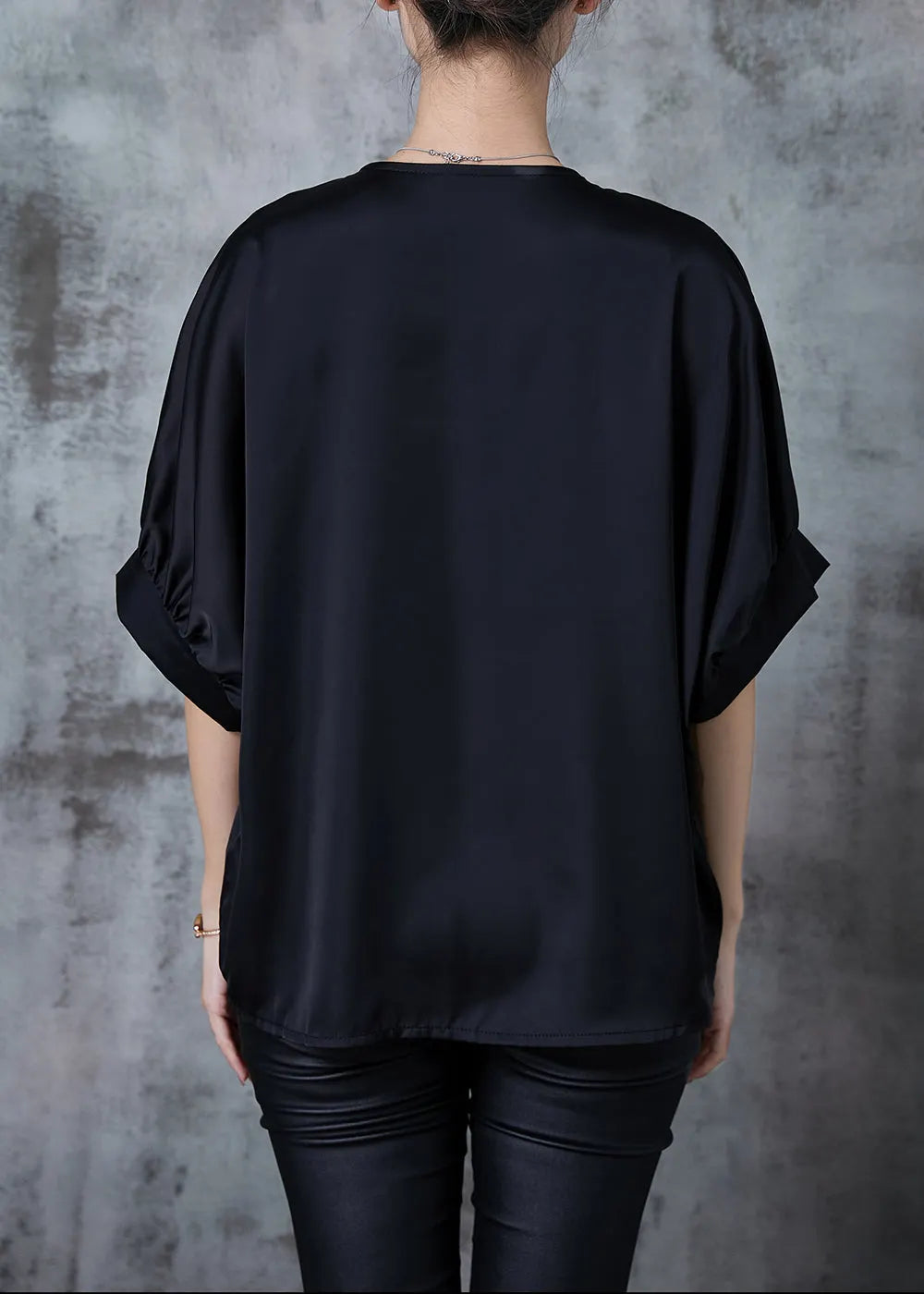 Black V Neck Patchwork Silk Shirt Top Summer