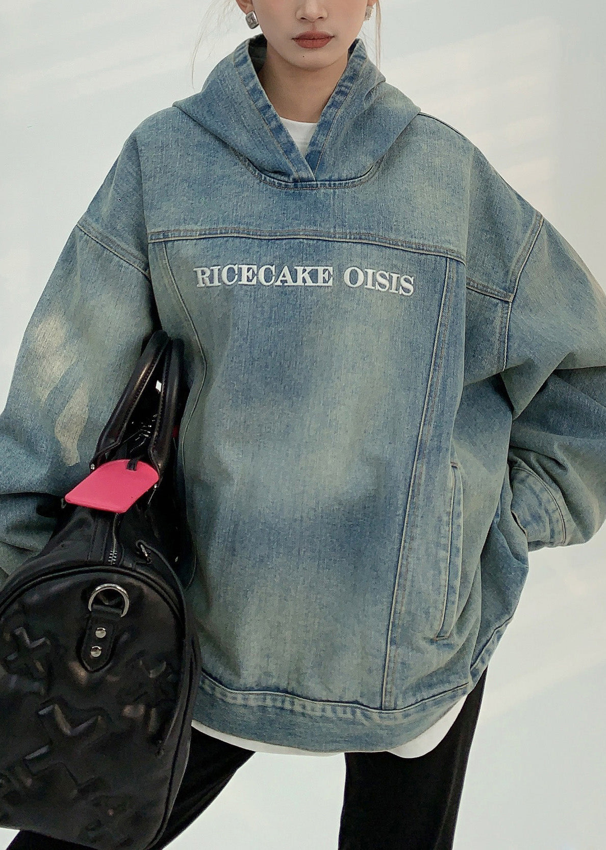 Denim Blue Patchwork Embroidered Hooded Coat Fall